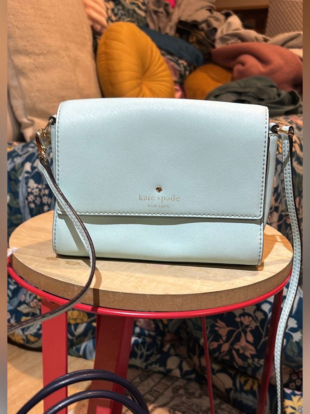 kate spade pastel mint leather crossbody with gold logo